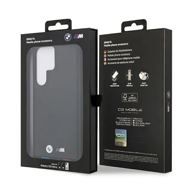 BMW Leather Hot Stamp Tricolor – dėklas Samsung Galaxy S23 Ultra (juodas)