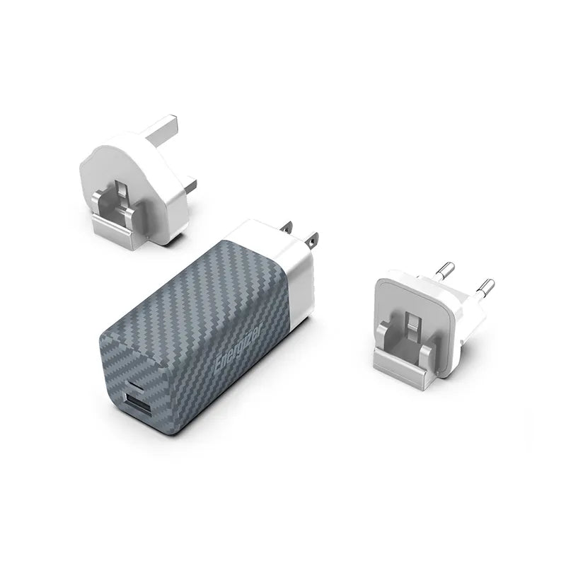 Energizer Ultimate – GaN USB-C ir USB-A 65W PD tinklo įkroviklis su EU/UK/US adapteriais (sidabrinis)