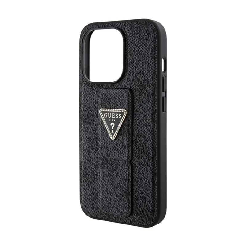Guess Grip Stand 4G Triangle Strass Logo – dėklas iPhone 15 Pro telefonui (juodas)