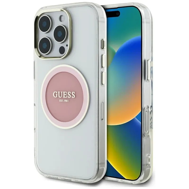 Guess IML Metal Colored Circle Classic Logo MagSafe – dėklas iPhone 16 Pro (rožinis)
