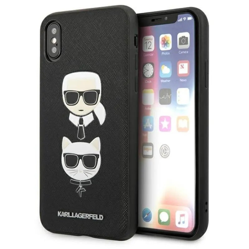 Karl Lagerfeld Saffiano Karl & Choupette Heads – dėklas iPhone Xs / X telefonui (juodas)