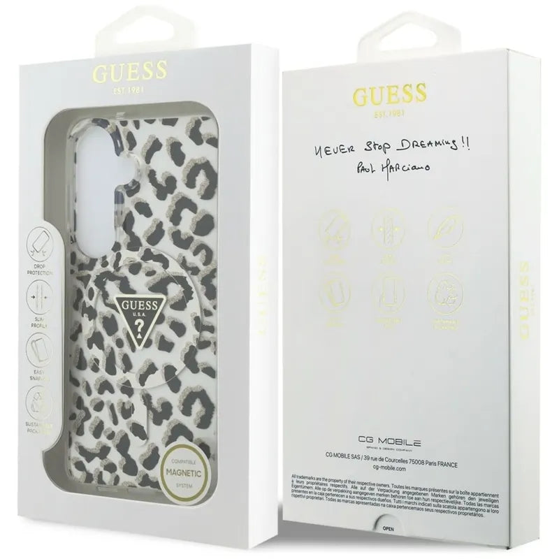 Guess IML Leopard Print Triangle MagSafe – Samsung Galaxy S26 dėklas (juodas)