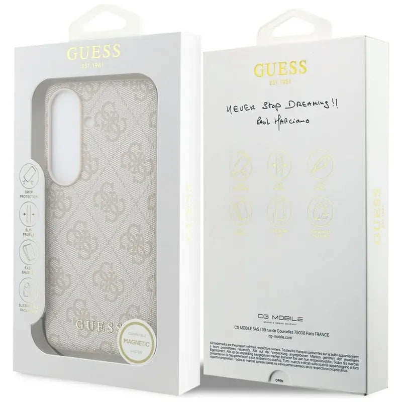 Guess 4G Classic Logo Charm MagSafe – dėklas Samsung Galaxy S26 telefonui (rožinis)