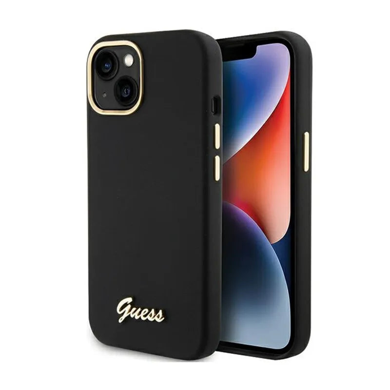 Guess Silicone Script Metal Logo & Frame dėklas – iPhone 15 (juodas)