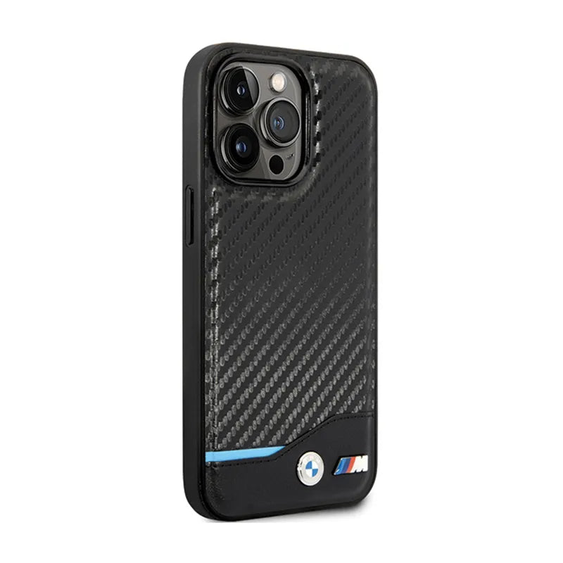 BMW Leather Carbon Blue Line – dėklas iPhone 13 Pro Max (juodas)