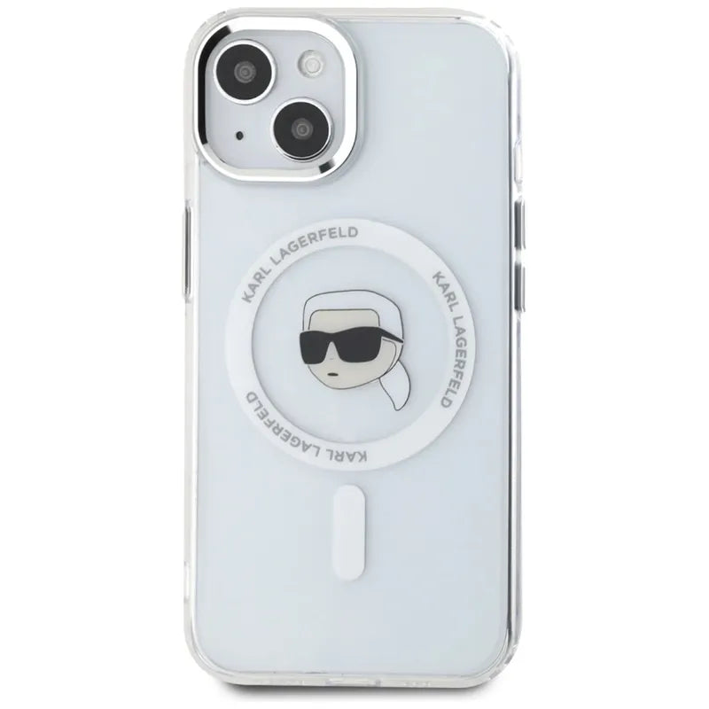 Karl Lagerfeld IML Metal Karl Head MagSafe - dėklas iPhone 15 Plus (baltas)