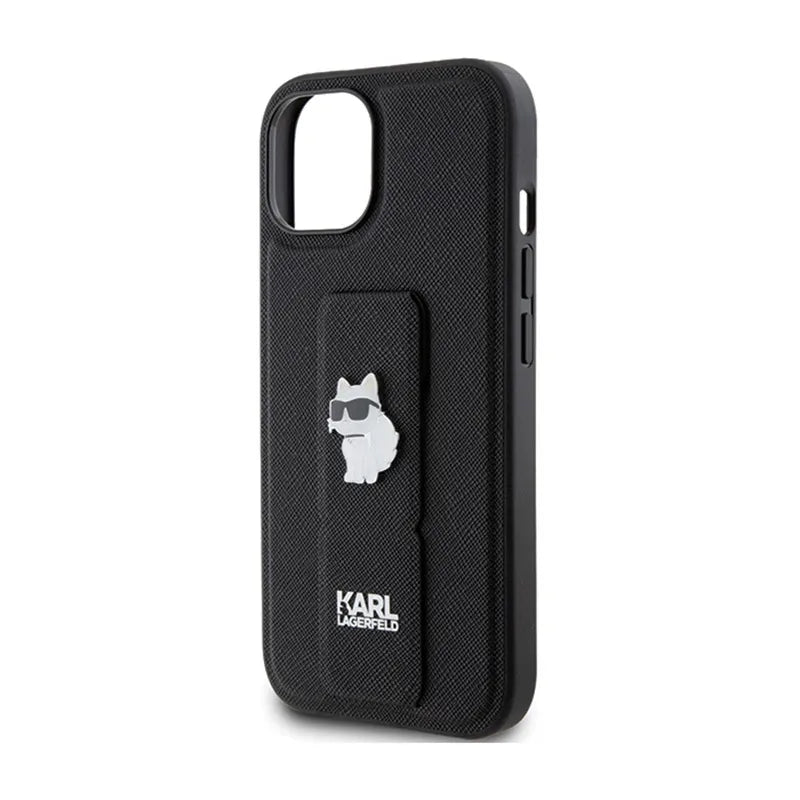 Karl Lagerfeld Gripstand Saffiano Choupette Pins – dėklas iPhone 15 telefonui (juodas)