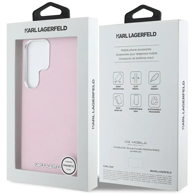 Karl Lagerfeld Saffiano Full Wrapped Elongated Metal Logo MagSafe – dėklas Samsung Galaxy S25 Ultra telefonui (rožinis)