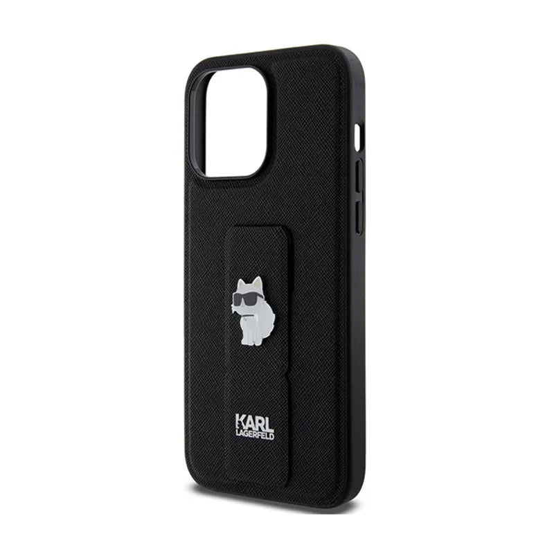 Karl Lagerfeld Gripstand Saffiano Choupette Pins – dėklas iPhone 13 Pro Max telefonui (juodas)