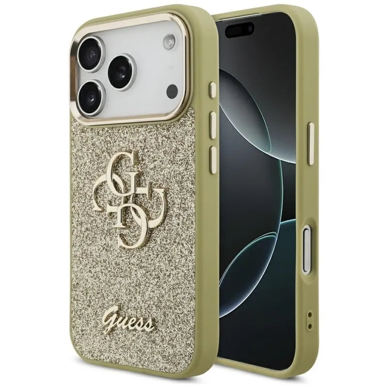 Guess Fixed Glitter Big 4G Metal Frame – Dėklas iPhone 17 Pro (auksinis)