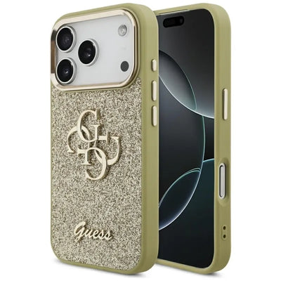 Guess Fixed Glitter Big 4G Metal Frame – Dėklas iPhone 17 Pro (auksinis)