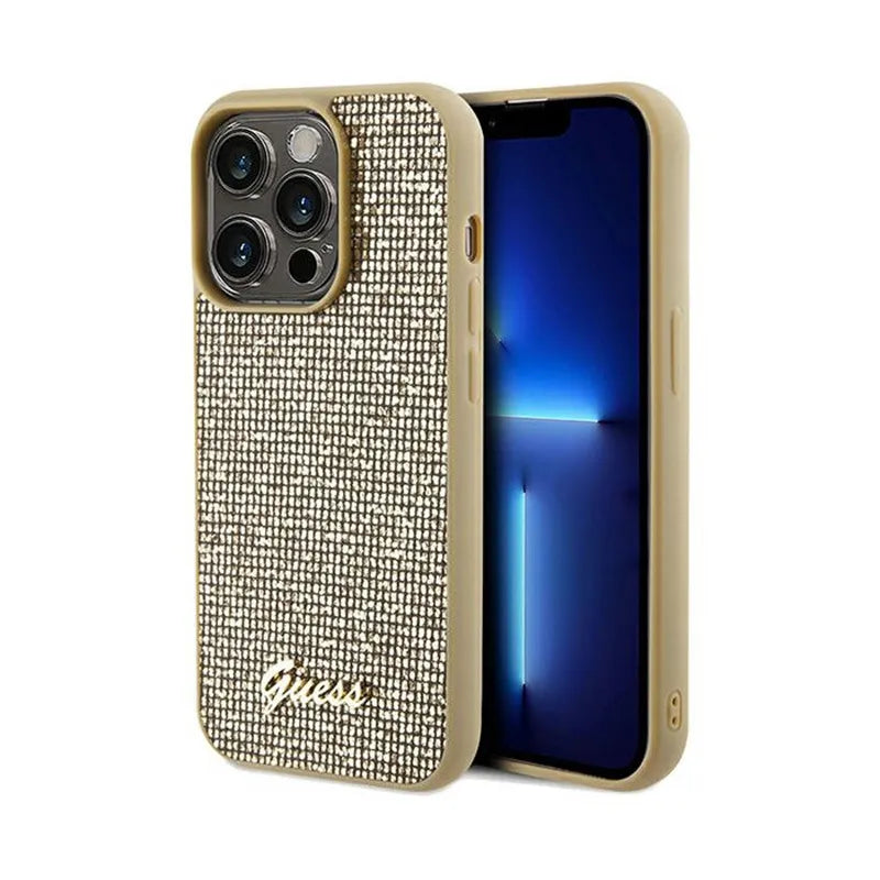 Guess Disco Metal Script – dėklas iPhone 14 Pro Max (auksinis)