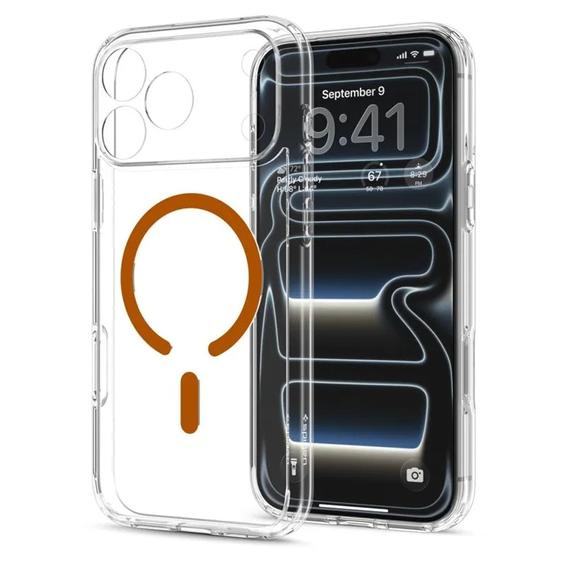 Spigen Ultra Hybrid Mag MagSafe – dėklas, skirtas iPhone 18 Pro / 17 Pro (skaidrus / oranžinis)