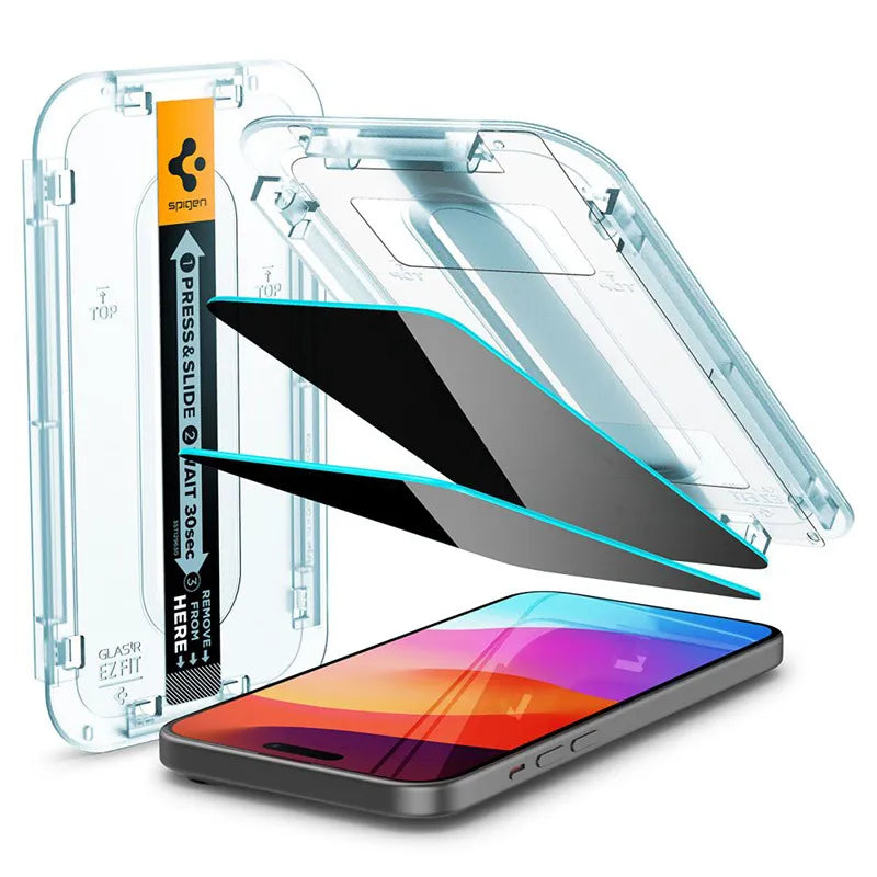 Spigen GLAS.TR EZ FIT Privacy 2-Pack – grūdintas stiklas su privatumo filtru, skirtas iPhone 15 / 16, 2 vnt.