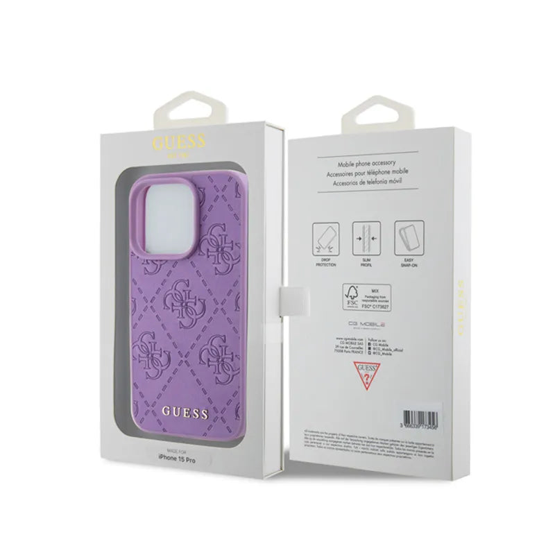 Guess Leather 4G Stamped – dėklas iPhone 15 Pro (violetinis)