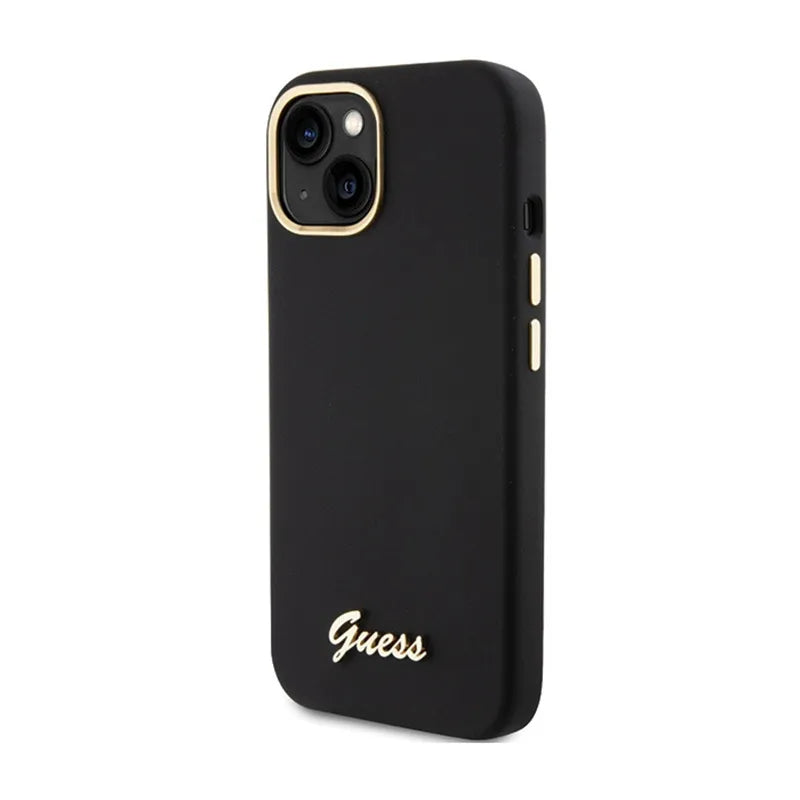 Guess Silicone Script Metal Logo & Frame dėklas – iPhone 15 (juodas)