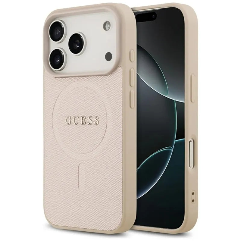 „Guess Saffiano Classic Logo MagSafe“ – dėklas „iPhone 17 Pro“ (rožinis)