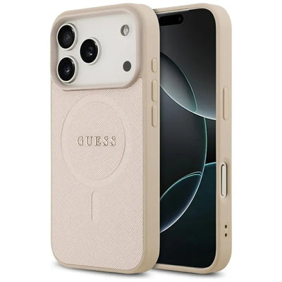 „Guess Saffiano Classic Logo MagSafe“ – dėklas „iPhone 17 Pro“ (rožinis)
