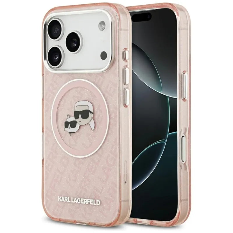 Karl Lagerfeld IML Glitter Karl & Choupette Heads Logo MagSafe - dėklas iPhone 17 Pro Max (rožinis)