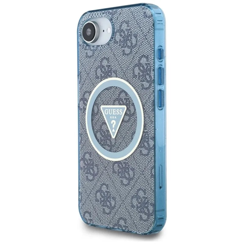 Guess IML Metal Glitter 4G Circle Triangle MagSafe – dėklas iPhone 16e (mėlynas)