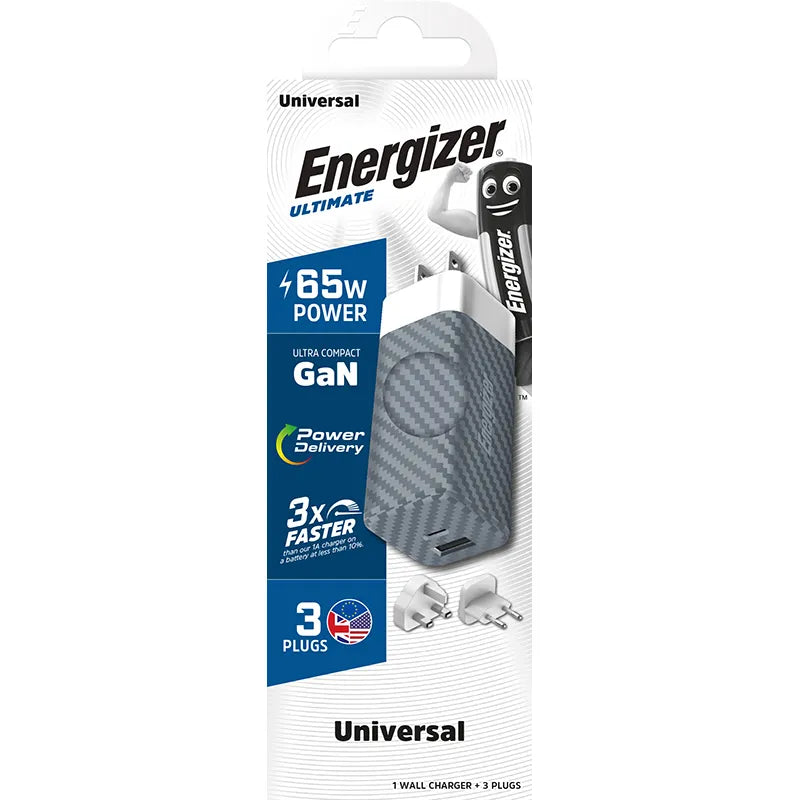Energizer Ultimate – GaN USB-C ir USB-A 65W PD tinklo įkroviklis su EU/UK/US adapteriais (sidabrinis)