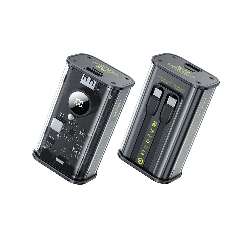 WEKOME WP-345 Vanguard Series – išorinė baterija 10000 mAh, greitas įkrovimas su integruotu USB-C ir Lightning laidu, PD 20W + QC 22.5W (juoda)