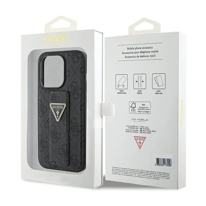 Guess Grip Stand 4G Triangle Strass Logo – dėklas iPhone 15 Pro telefonui (juodas)