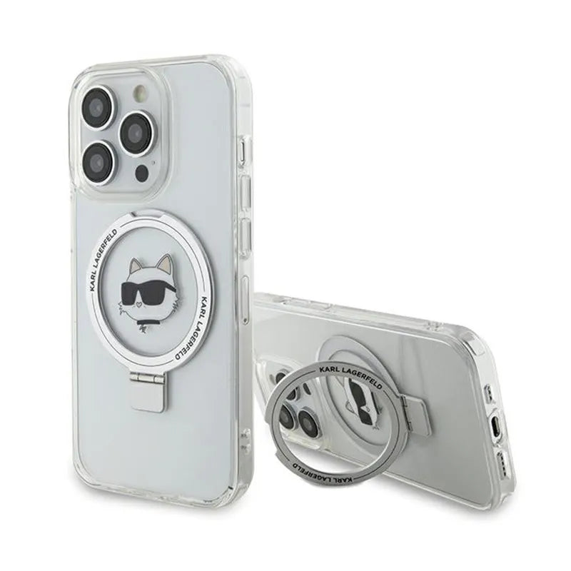Karl Lagerfeld Ring Stand Choupette Head MagSafe – dėklas iPhone 15 Pro Max (baltas)