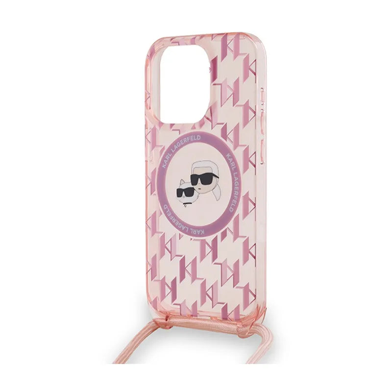 Karl Lagerfeld IML Crossbody Monogram Karl & Choupette Head MagSafe – Dėklas, skirtas iPhone 15 Pro Max (Rožinis)