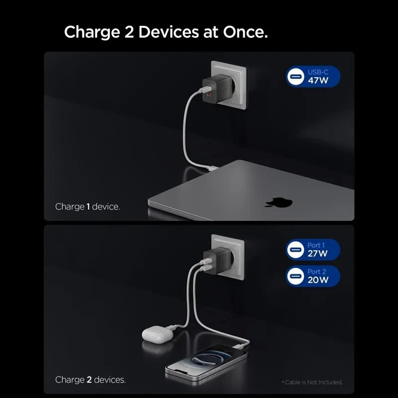 Spigen Essential EE472EU GaN - 2x USB-C PD PPS 47W sieninis įkroviklis (tamsiai pilkas)