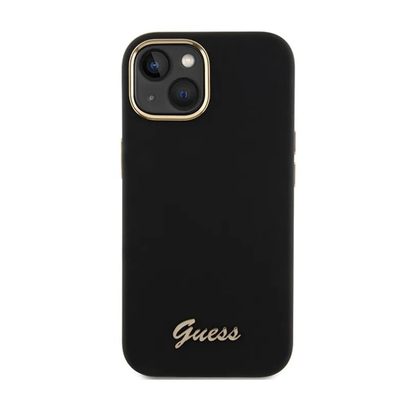 Guess Silicone Script Metal Logo & Frame dėklas – iPhone 15 (juodas)