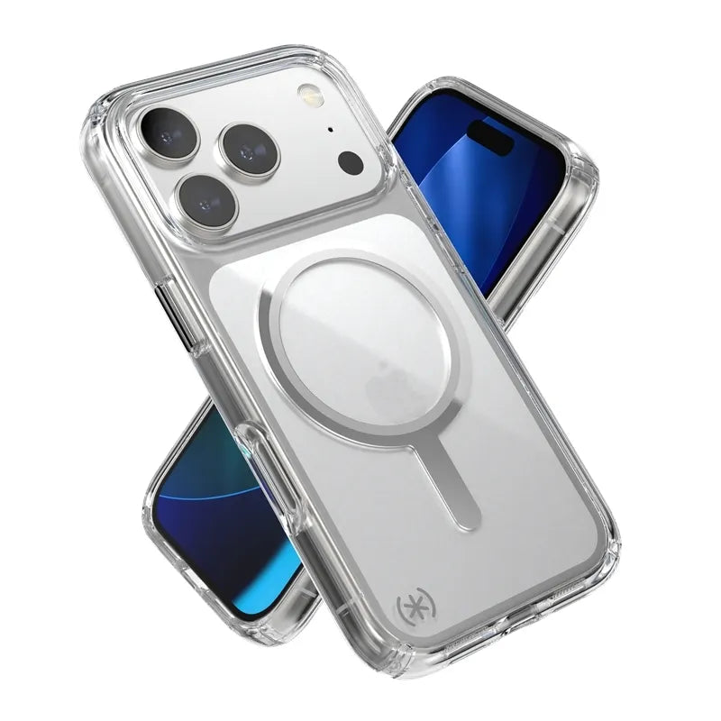 Speck Presidio Perfect Clear MagSafe – iPhone 17 Pro dėklas (skaidrus / sidabrinis)