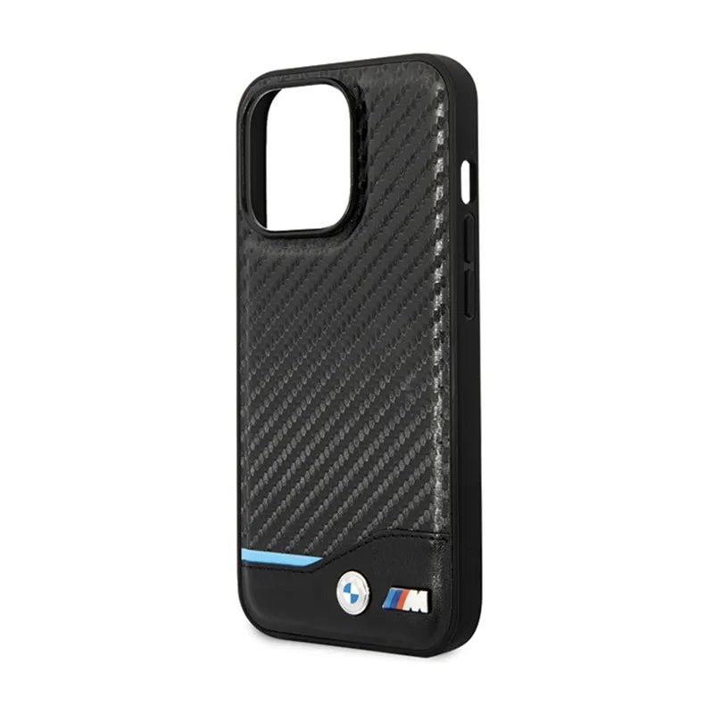 BMW Leather Carbon Blue Line – dėklas iPhone 13 Pro Max (juodas)