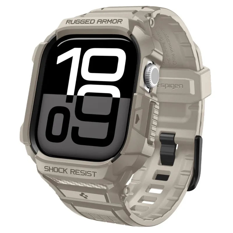 Spigen Rugged Armor Pro V2 – dirželis su korpusu, skirtas Apple Watch 10/11 46 mm (Dune Beige)