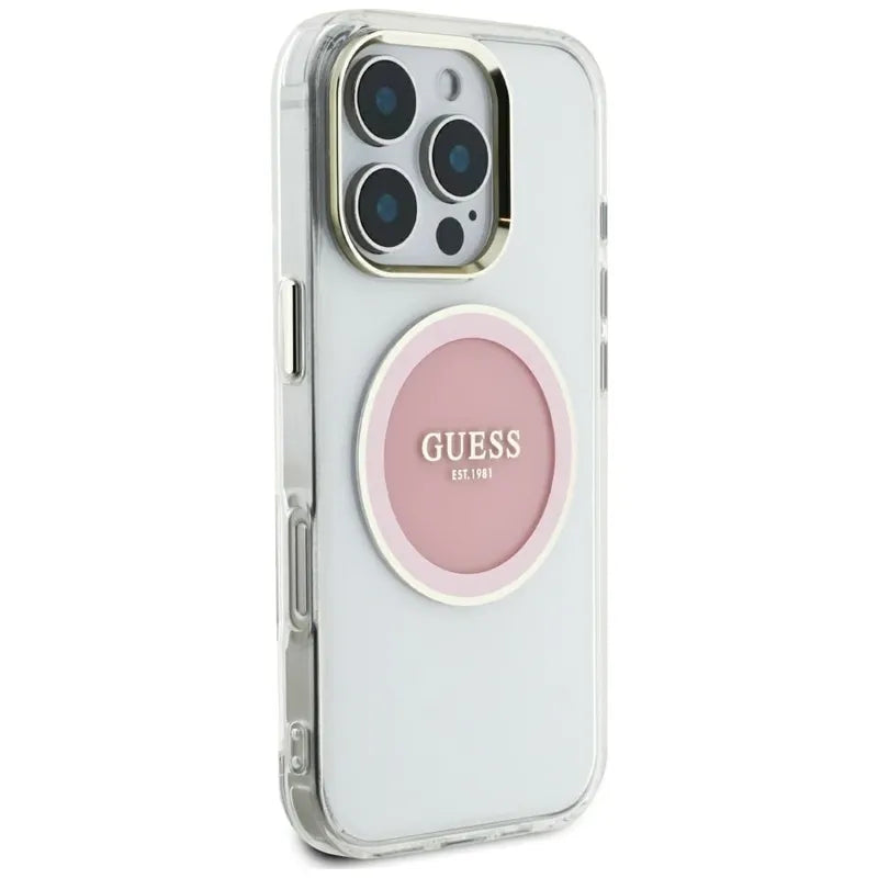 Guess IML Metal Colored Circle Classic Logo MagSafe - Dėklas iPhone 16 Pro Max (rožinis)