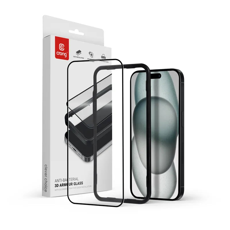 Crong antibakterinis 3D Armor Glass – 9H Full Glue grūdintas stiklas, skirtas iPhone 16 Plus / iPhone 15 Plus + montavimo rėmelis