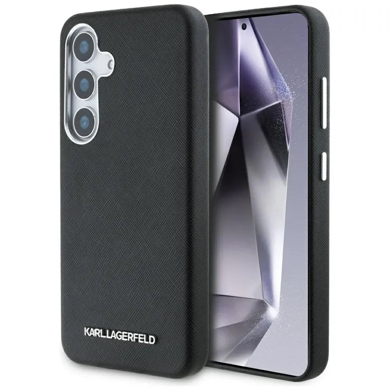 Karl Lagerfeld Saffiano Full Wrapped Elongated Metal Logo MagSafe – dėklas Samsung Galaxy S25+ telefonui (juodas)
