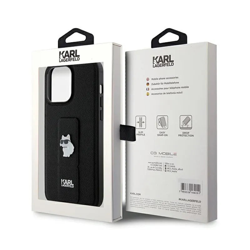 Karl Lagerfeld Gripstand Saffiano Choupette Pins – dėklas iPhone 13 Pro Max telefonui (juodas)
