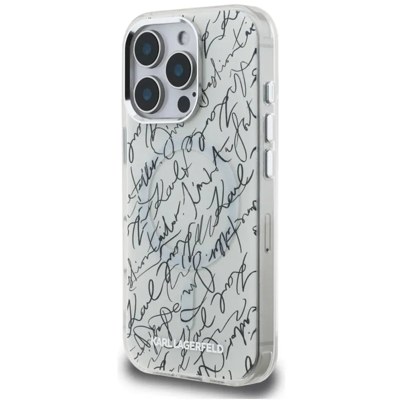 Karl Lagerfeld IML Karl Script Pattern MagSafe – dėklas iPhone 16 Pro (baltas)
