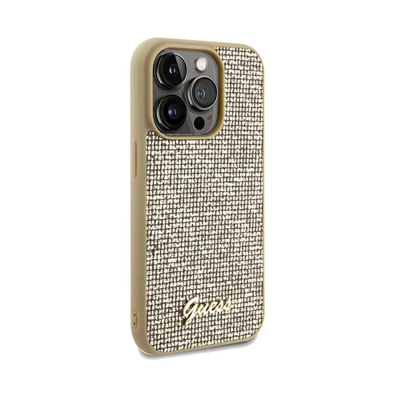 Guess Disco Metal Script – dėklas iPhone 14 Pro Max (auksinis)