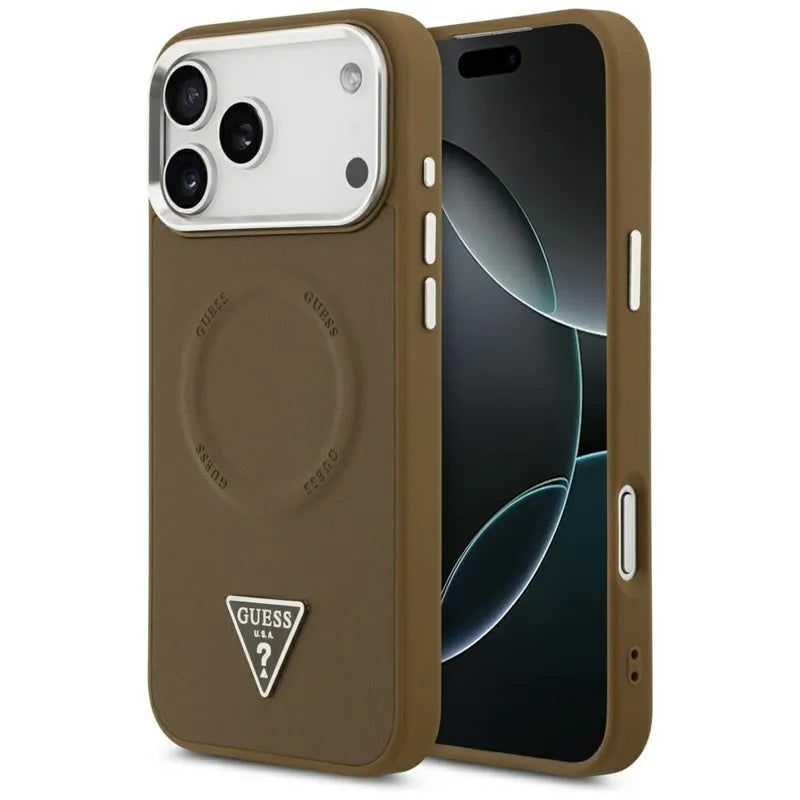 Guess Triangle Logo MagSafe – Dėklas iPhone 17 Pro Max (ruda)