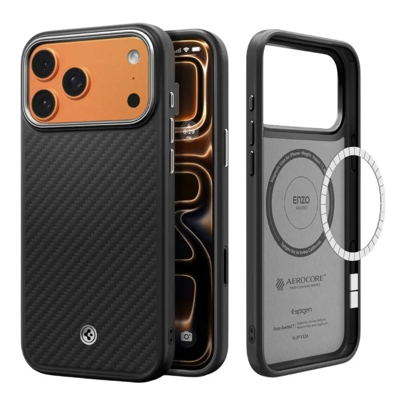 Spigen Enzo Aramid T Mag MagSafe - Dėklas iPhone 17 Pro Max (Juodas/Sidabrinis)