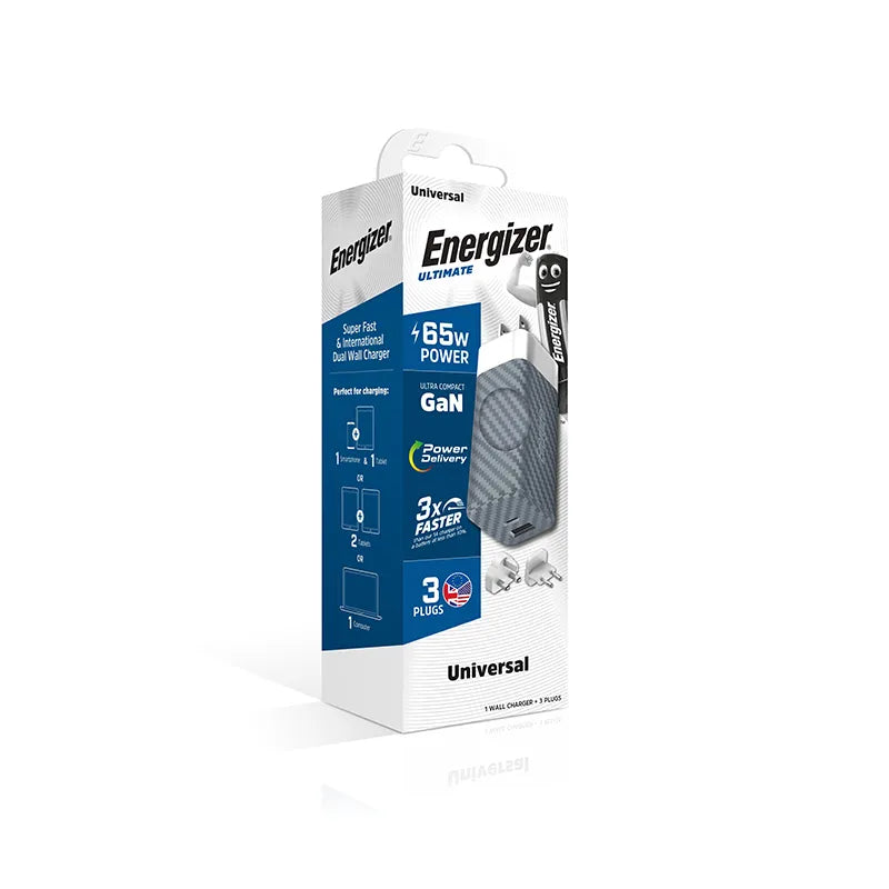 Energizer Ultimate – GaN USB-C ir USB-A 65W PD tinklo įkroviklis su EU/UK/US adapteriais (sidabrinis)