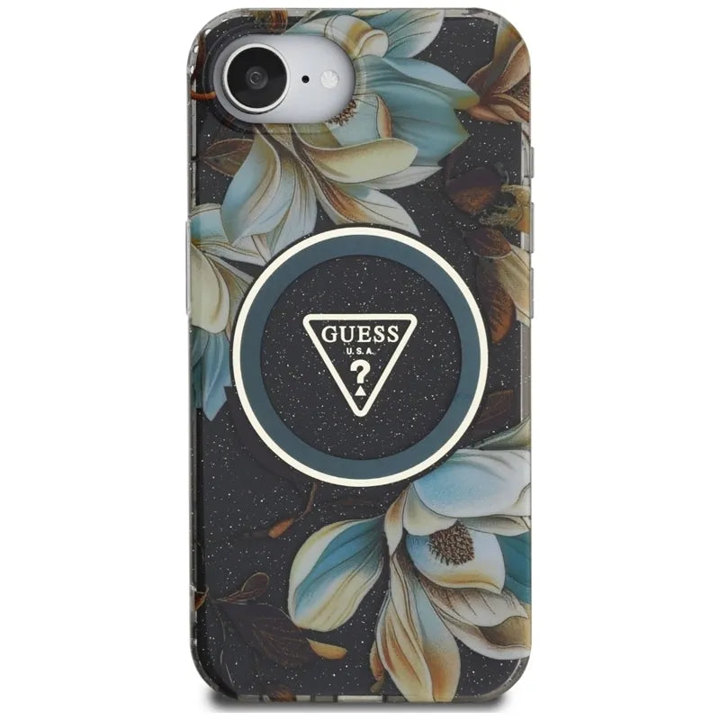 Guess IML Metal Glitter Flowers Triangle MagSafe – dėklas iPhone 16e (juodas)