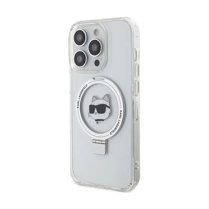 Karl Lagerfeld Ring Stand Choupette Head MagSafe – dėklas iPhone 15 Pro Max (baltas)
