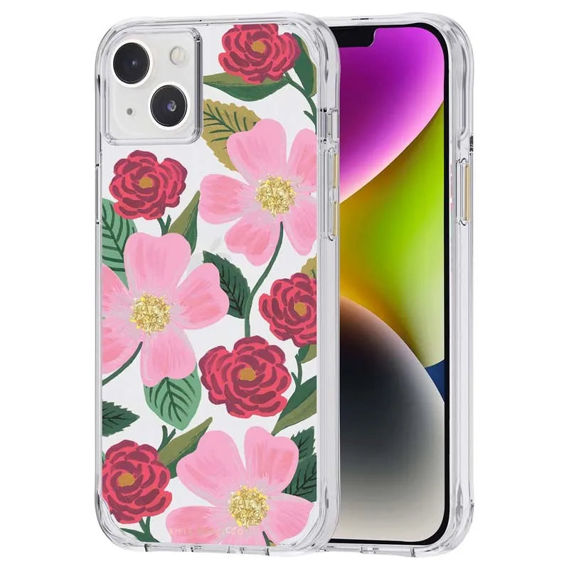 Rifle Paper Clear – auksu dekoruotas dėklas, skirtas iPhone 14 Plus (Rose Garden)
