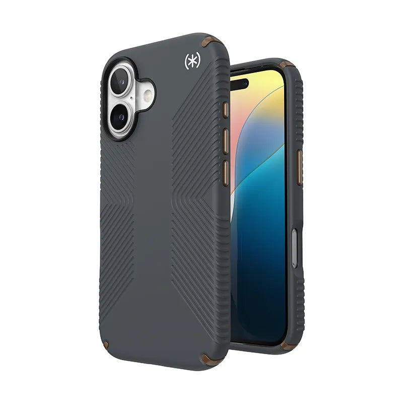 Speck Presidio2 Grip – dėklas iPhone 16 telefonui (Charcoal Gray / Cool Bronze / White)