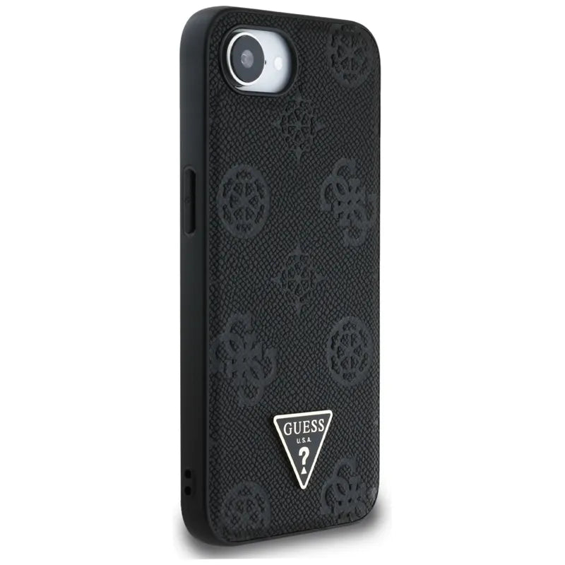 Guess Grained Hot Stamp Peony Triangle Logo MagSafe – Dėklas iPhone 16e telefonui (juodas)