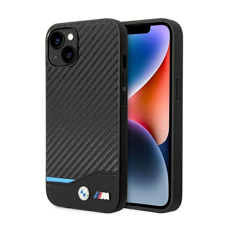BMW Leather Carbon Blue Line – Dėklas, skirtas iPhone 14 (juodas)