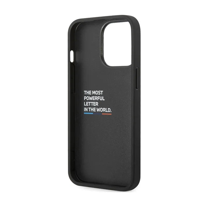 BMW Leather Carbon Blue Line – dėklas iPhone 13 Pro Max (juodas)